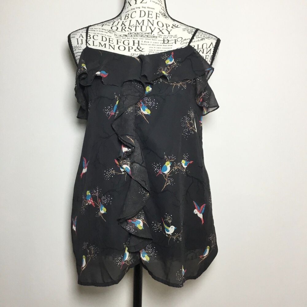 Black floaty bird pattern camisole flowy sheer lined fairycore cottagecore XS
